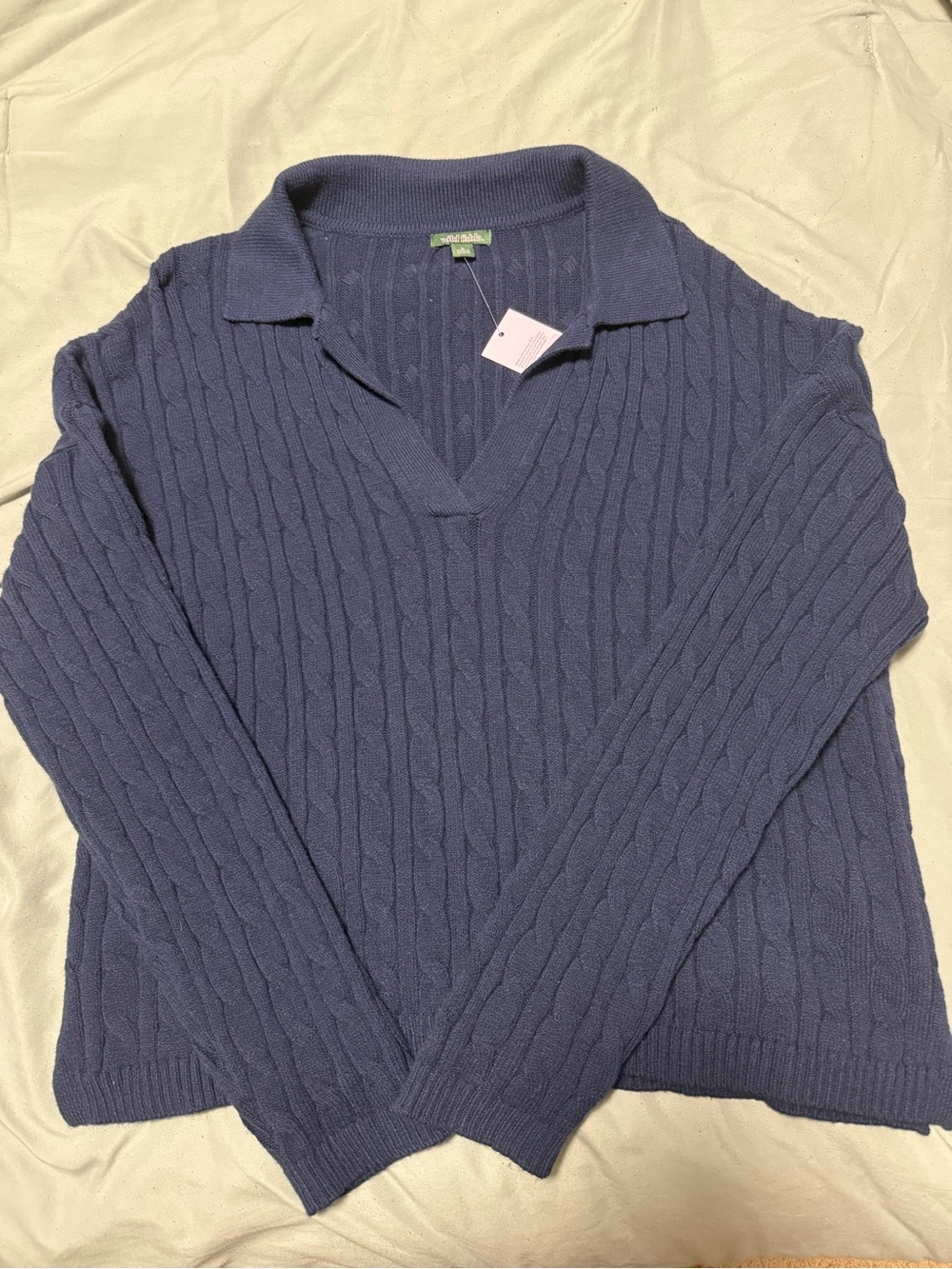 Women's Navy Cable-Knit Collared V-Neck Sweater